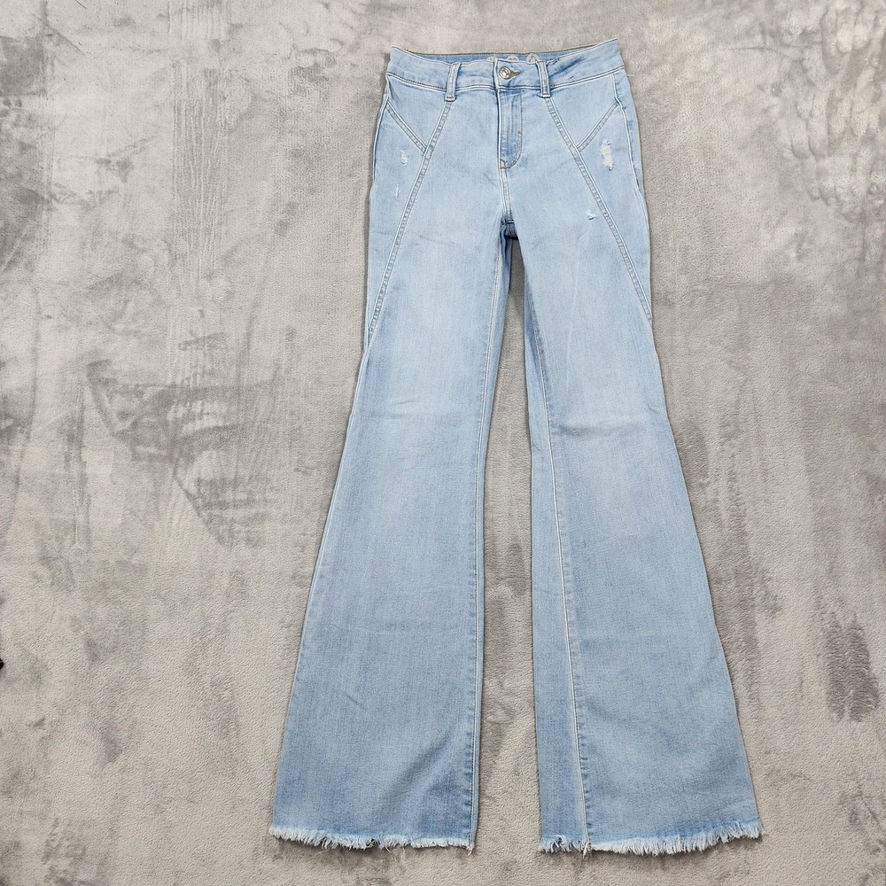Rewash Jeans Womens 1/25 Blue Super High Rise Seamed Wide Leg Raw Hem Stretch